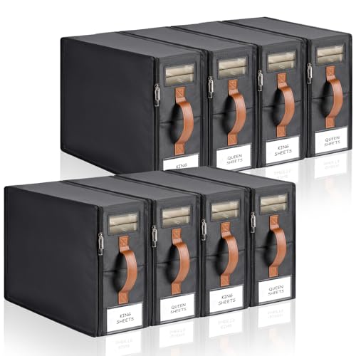 KitHero Lot de 8 organiseurs de draps de lit, organiseurs de placard pliables en lin avec fenêtre, organiseur de placard pour draps de lit/couvertures/vêtements, grand lit et très grand lit, noir