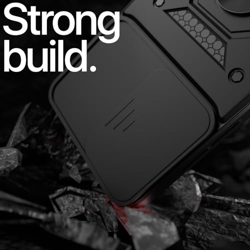 Image of Pikkme Back Cover for Oppo A3 Pro 5G | 360 Protection Case | Sliding Camera Shield Cover & Ring Holder Stand D10 Tough Armor Bumper Case (Black)