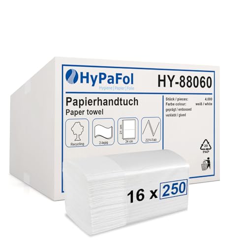 Hypafol Papierhandtücher 4000 Blatt | weiß | 2-lagig, 24x21 cm | praktischer V-Falz für Handtuchspender in Toiletten, Büros, Praxen & Studios