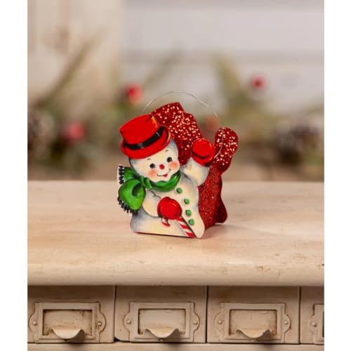 4" Retro Snowman w/ Candy Cane Print Candy Bucket Tin Christmas Ornament