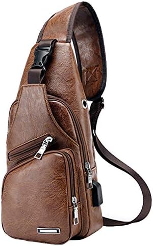 JUMO CYLY Mens Sling Bag, Leather Sling Bag with USB Charging Port Waterproof HikingTravel Body Chest Crossbody Bag Casual Daypack Backpack