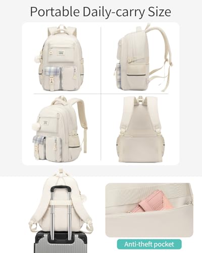 Image of School Backpack for Teen Girls, Big Student Laptop Backpack Aesthetic Bookbags for College Women Elementary Middle High School Travel Mochilas Escolares, Beige