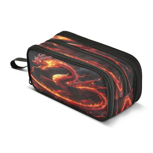 Image of Fire Dragon Pencil Case 3 Compartment Pen Bag Pouch Holder Box School Portable Stationery Storage Bag for Girls Boys