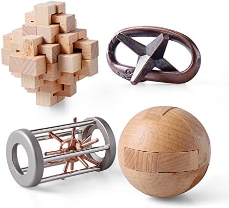 ActPo 4Pcs Wooden and Metal Puzzles Gift for Kids and Adult Educational Toys Office Toys 3D Unlock Interlock Assorted Brain Teasers Puzzles