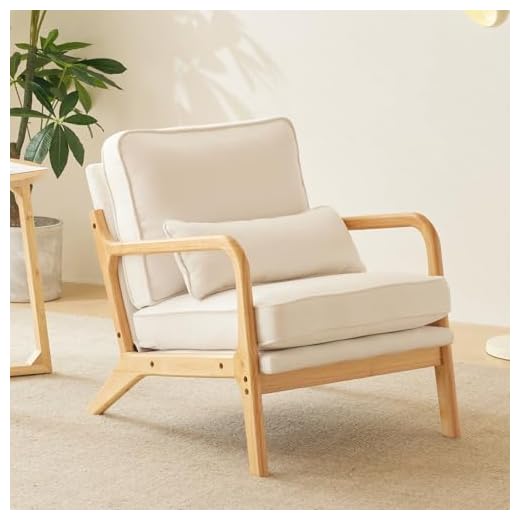 Karl home Mid Century Modern Accent Chair with Lumbar Pillow & Oak Arms – Plush Linen Fabric Living Room Chair for Bedroom, Lounge, Natural White