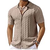 2026 Fashion Shirts for Men Casual Short Sleeve Button Down Collared Tops Summer Solid Color Knit Cotton Blouses Tees