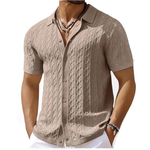2026 Fashion Shirts for Men Casual Short Sleeve Button Down Collared Tops Summer Solid Color Knit Cotton Blouses Tees