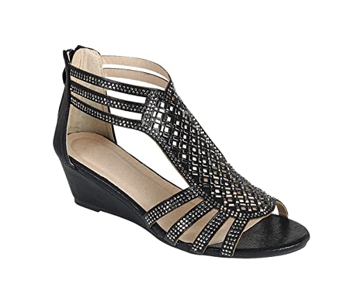 ABSOLEX Women Strappy Open Toe Rhinestone Dressy Low Heel Wedge Sandal