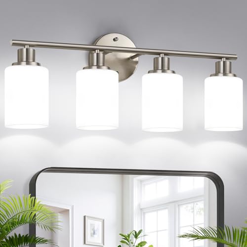 Image of Zarbitta 4-Light Bathroom Light Fixtures, Brushed Nickel Modern Vanity Lights with Milky White Frosted Glass Shades, Bathroom Wall Lamp for Mirror Kitchen Living Room