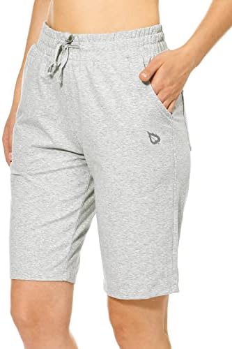 BALEAF Women's 10" Bermuda Shorts Long Cotton Casual Summer Knee Length Pull On Lounge Walking Exercise Shorts with Pockets Light Gray Size XS