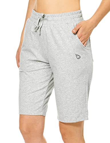 Baleaf Women's 10" Bermuda Shorts Long Cotton Casual Summer Knee Length Pull On Lounge Walking Exercise Shorts With Pockets Light Gray Size Xl #TOP12