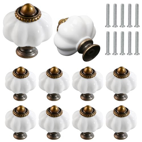 Simsky Lot de 10 boutons de meuble vintage en céramique blanche design citrouille, boutons d'armoire et de tiroir pour commode et armoire | Poignées de...