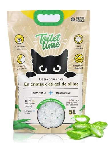 Animal House Toilet Time - 5 LT - Arena de Cristal de Silicona para Gatos - Antiestática y Segura - Sin Polvo - Ultra Absorbente - Retiene los olores (Aloe, 5 L)