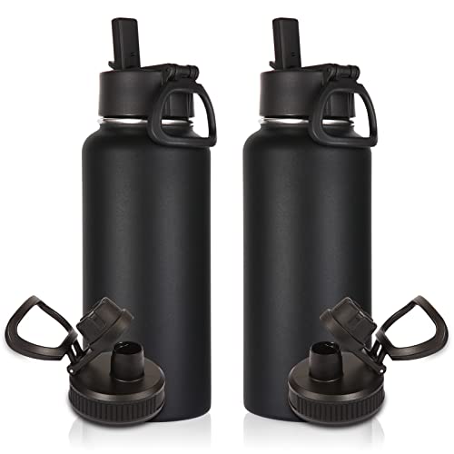 Volhoply 1 L Insulated Water Bottles Bulk 2 Pack with Straw Lid & Spout Lid,Stainless Steel Sports Water Bottle,Double Wall Vacuum Tumbler,Leakproof Wide Mouth Metal Flask for Hiking,Camping(Black,2)