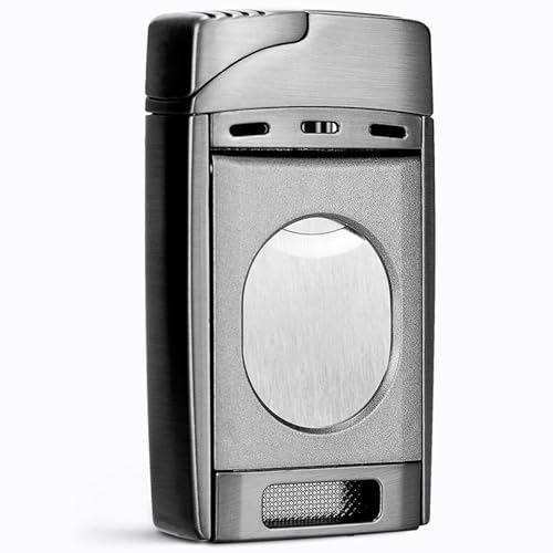 Encendedor de cigarros Todo en uno con Cortador, Resistente al Viento, de Dos Llamas, Recargable de butano, de Metal, Regalo para el Día del Padre.(Gray)