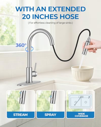 WEWE Kitchen Faucet with Pull Down Sprayer, Brushed Nickel SUS304 Stainless Steel Kitchen Sink Faucets, High Arc Single Handle Faucet for Kitchen Sink, Commercial Modern Farmhouse RV Utility Faucet