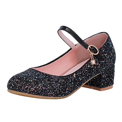 Elbslutt Women's Glitter Chunky Heels Mary Janes Sparkly Round Toe Ankle Strap Mid Block Heel Pumps Sequin Dress Shoes
