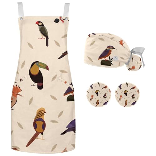 Tablier de chef adulte avec bouton ensemble de cuisine oiseaux et feuilles