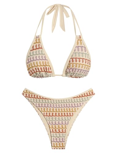 Image of ZAFUL Women Halter Dual Straps Whip Stitch Floral Triangle Bikini Swimsuits