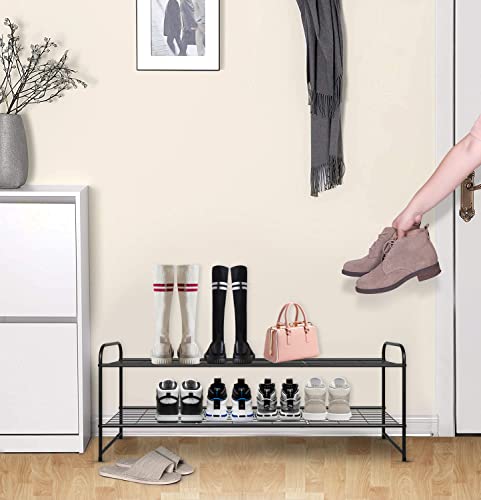 Image of KEETDY 2-Tier Long Shoe Rack for Closet Metal Shoe Organizer for Entryway, Wide Stackable Shoe Storage Shelf with Sturdy Wire Grid for Closet Floor, Bedroom, Black