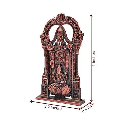 Image of anciently Tirupati Balaji Idol with Lakshmi for Car Dashboard | Venkateswara Idol with Lakshmi for Car Dashboard, Metal, 1 Piece (Copper Colour)