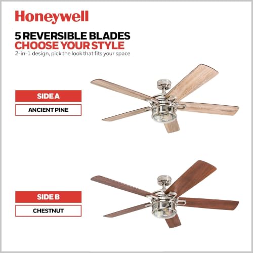 Image of Honeywell Ceiling Fans Bonterra Modern 52 Inch Ceiling Fan with Light, Remote Control, LED Indoor Fan with 5 Blades, Light Brown Pine and Brown Chestnut Blade Finish Options, Brushed Nickel (50610-01)