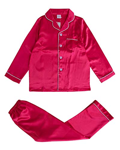 Image of Pajamas Kid Unisex Pjs Set Girls Boys Silk Pajamas Set Satin Long Sleeve 2 Piece Clasic Sleepwear for 2-12 Years Todder