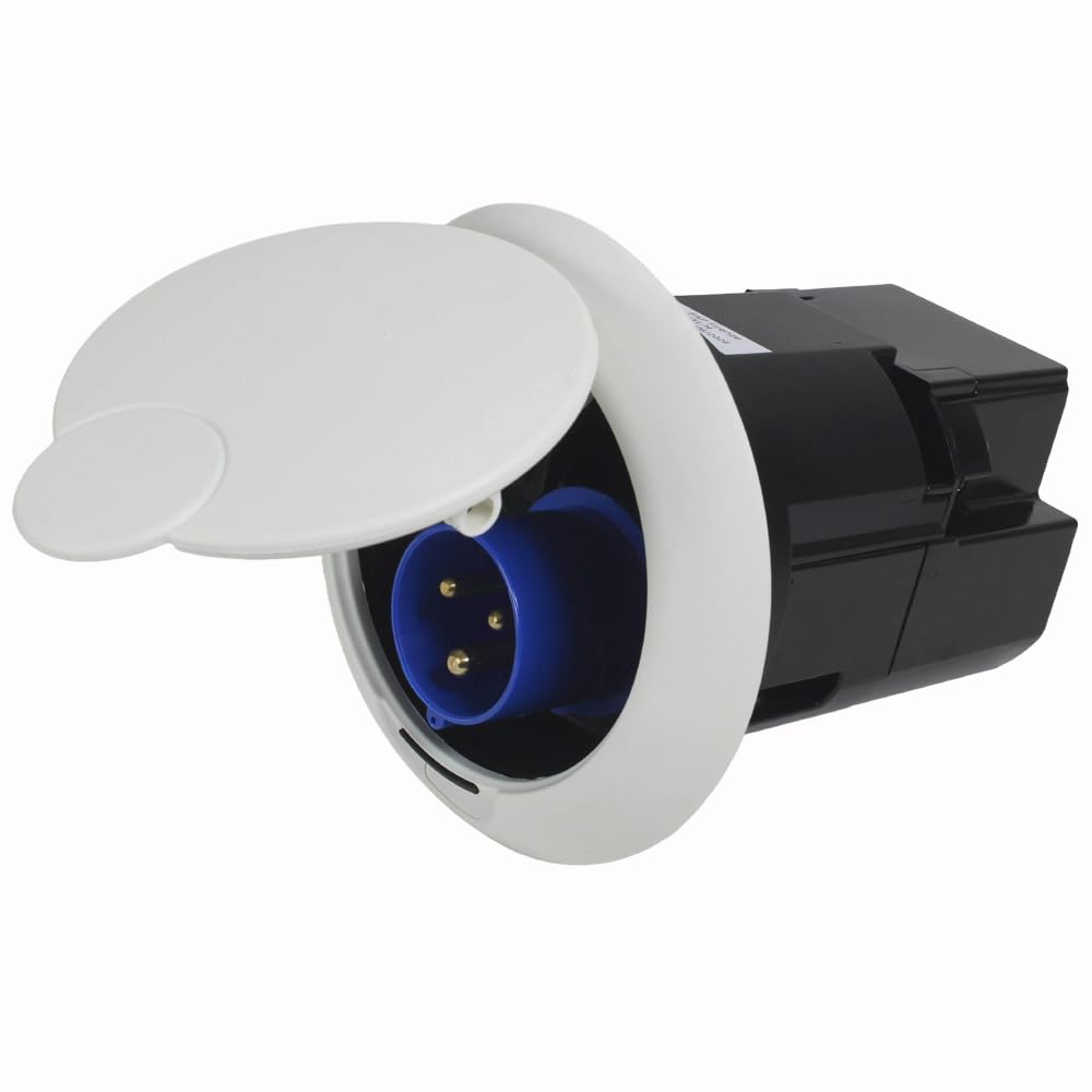 Orus Line CEE - Toma de corriente de alimentación redonda blanca 16 A 230 V IP44 para autocaravana, caravana, barco, enchufe exterior con interruptor trasero FI/LS 30 mA, diámetro de montaje 103-109