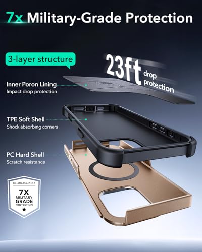 Image of ESR for iPhone 16 Pro Phone Case with Stand, 23ft Military-Grade Drop Protection with Camera Control, Shock-Absorbing Rugged Cover, Compatible with MagSafe Accessories, Cyber Series, Gold