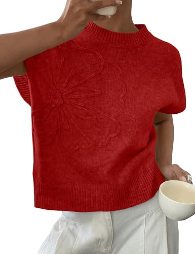 Image of 2026 Womens Floral Sweater Vest Cute Cap Sleeve Tops 3D Flower Decor Knit Tank Top Loose Spring Fall Summer Clothes