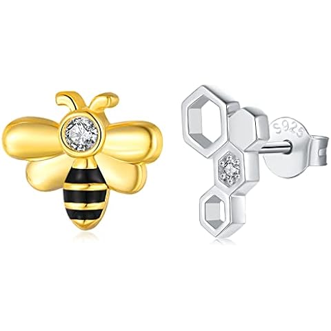 Silver Bee Honeycomb Earrings for Women,925 Sterling Silver Yellow Gold Honeycomb Bumble Bee Jewelry for Women, Sterling Silver, Cubic Zirconia Cover