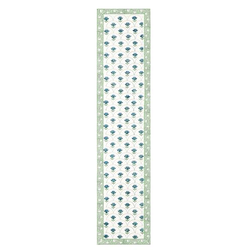 Image of BLOCKS OF INDIA Hand Block Printed Cotton Table Runner, Mat and Napkin Set of 13 pc for Center /Dining Table (Green Blue Buti)