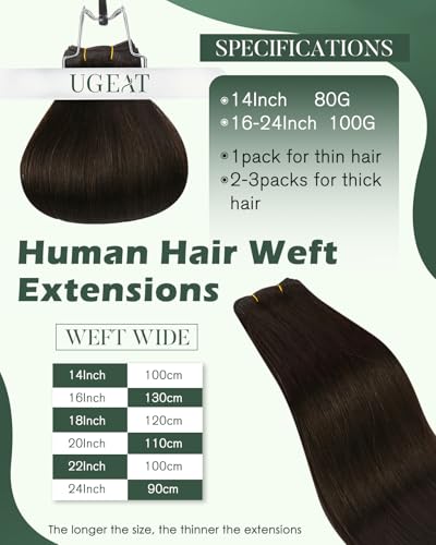 Image of Ugeat Weft Hair Extensions Human Hair, Sew in Extensions Real Human Hair Darkest Brown, Hair Extensions Weft 18 Inch 100g, Medium Length