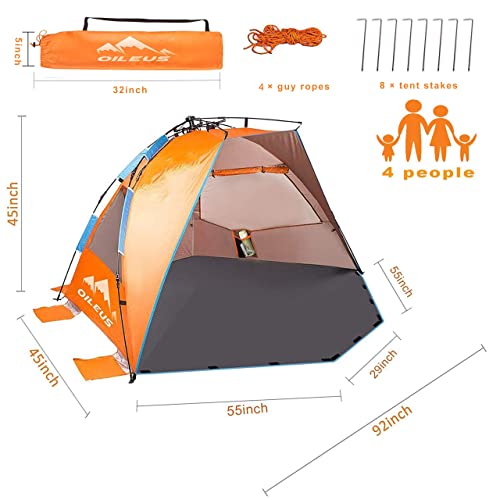 Oileus-X-Large-4-Person-Beach-Tent-Sun-Shelter-Portable-Sun-Shade-Instant-Tent-for-Beach-with-Carrying-Bag-Stakes-6-Sand-Pockets-Anti-UV-for-Fishing-Hiking-Camping-Waterproof-Windproof-Orange