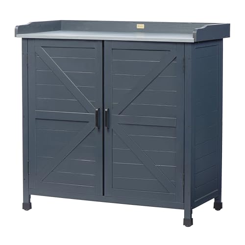 HABAU Outdoor Potting Bench with Storage Cabinet & Metal Tabletop, Wooden Garden Workstation for Patio, Weatherproof