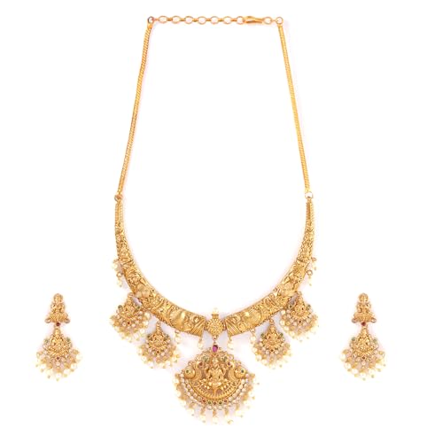 Image of Rubans Gold Plated Temple Necklace Set Traditional Statement Jewellery Gift for Women & Girls