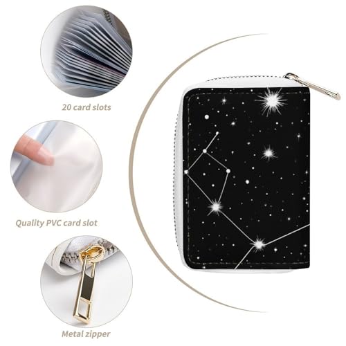 Womens Credit Card Wallet, Portable Mini Zipper Purse Zodiac Constellation Galaxy Black Starry Night Stars Glow Dark Midnight Card Holder Pu Leather Travel Organizer Bag4