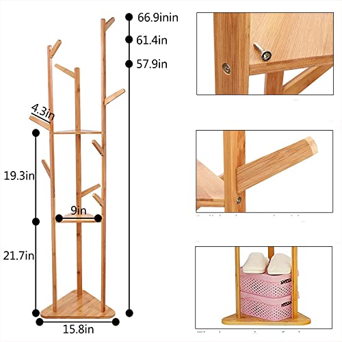 Image of Ash & Roh Natural Wooden Coat Rack Stand With Hooks Adjustable Height, Easy Assembly, Sturdy Solid Base for Coats, Hats, Handbags Entryway, Hallway, Bedroom, Office (Beige, 92-5)