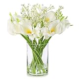 Enova Floral Calla Lilies Artificial Flowers in Glass Vase, Mixed Faux Real Touch Babys Breath and...