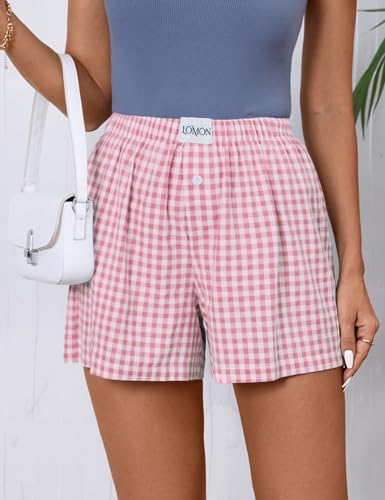 Image of LOMON Womens Boxer Shorts Casual Summer 2026 Pajama Lounge Sleep Pj Gingham Plaid Shorts Y2K Beach Bottoms