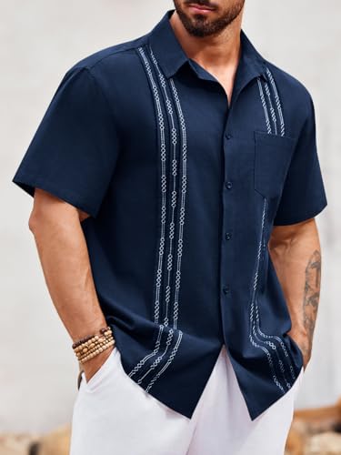 Runcati Mens Linen Shirt Guayabera Cuban Short Sleeve Button Down Summer Beach Hippie Shirts2