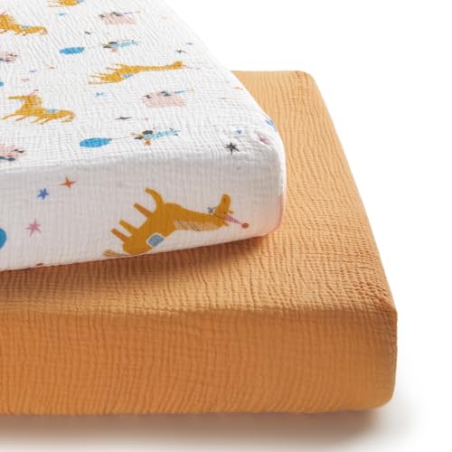 Image of TILLYOU 2 Pack Muslin Crib Sheets for Boys and Girls, 100% Cotton Fitted Crib Sheet for Toddler 52x28 Standard Crib Mattress, Circus Carnival