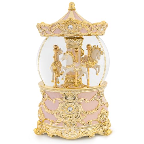 Carousel Music Box Gold & Pink Christmas Snow Globes, 8.3"