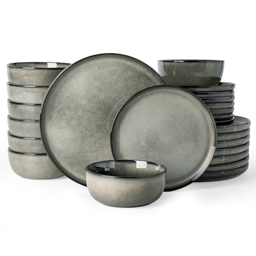 Image of Famiware Milkyway Stoneware Dinnerware Set, 24-Piece, Double Reactive Glaze, Plates and Bowls, Service for 8, Microwave and Dishwasher Safe, Scratch-Resistant, Greenish Brown