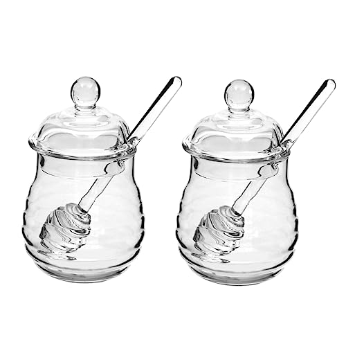 PRETYZOOM 2Pcs Clear Glass Set with Dipper and Lid Premium High Borosilicate Honey Pots for Home Kitchen Use for Storing Honey Jams and Sauces