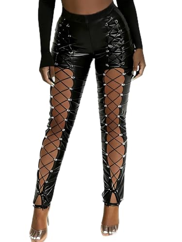 Nihsatin Women's Black PU Leather Eyelet Lace Up Trousers High Waist Hollow Out Skinny Leggings