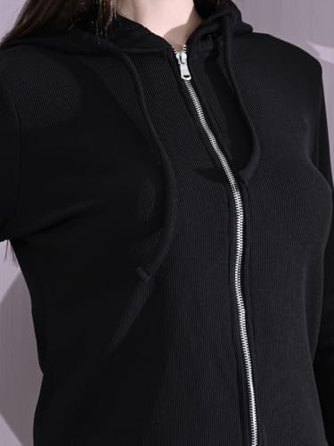 Image of Cotton Full Sleeve Hoddie Women Solid Black Hoodie Jacket