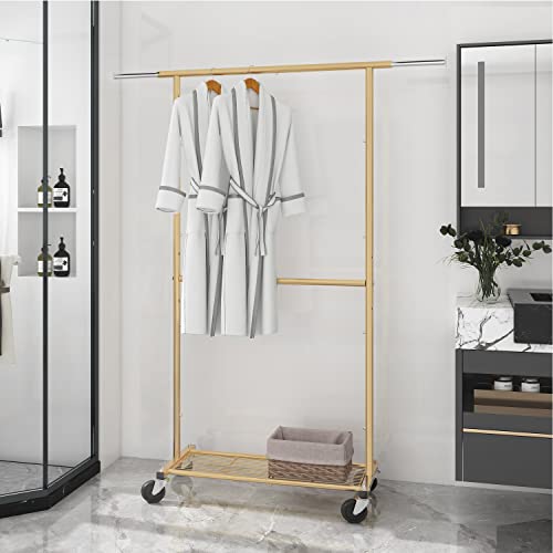 Simple Trending Standard Clothing Garment Rack, Rolling Clothes Organizer With Wheels And Bottom Shelves, Extendable, Golden Yellow #TOP4