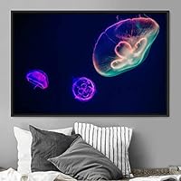 Framed Canvas Wall Art Jellyfish Floating Colorful Fish Group Marine Life Multicolor Nautical Photography Realism Ultra - 16x24 inches