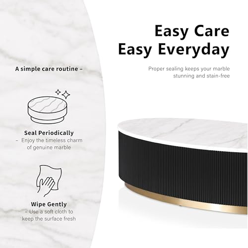 Image of Furniture of America Beryl Modern Oval White Genuine Marble Top Coffee Table with Fluted Pedestal Base and Gold Stainless Steel Accent, Low Profile Table for Living Room, Home Office, Black
